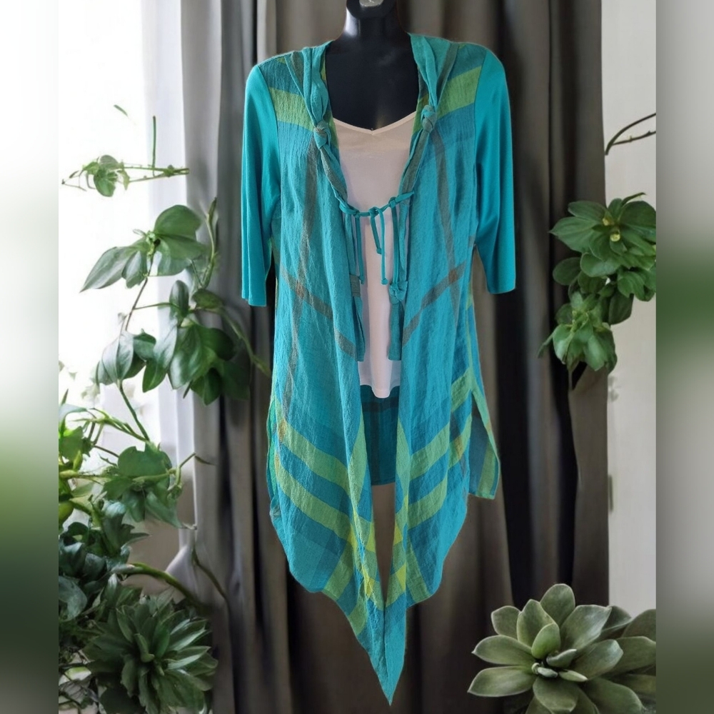 Doris Streich 90% Linen 3/4 sleeve Drapey Teal and Green Cardigan Jacket
